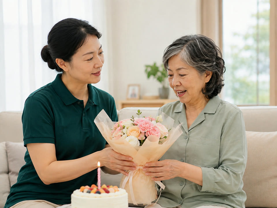 服务人员在重要日子为长者送上鲜花与问候