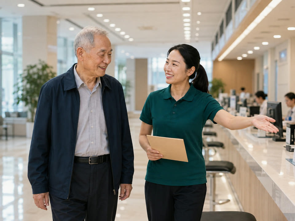 服务人员陪同长者查看办事材料