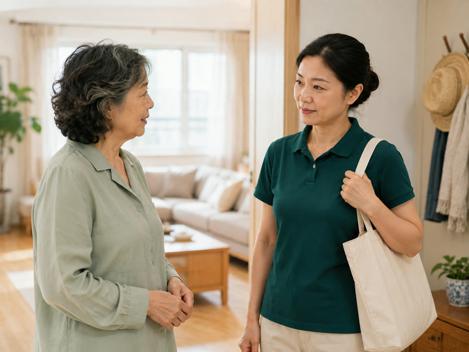 服务人员在家中自然陪伴长者交流