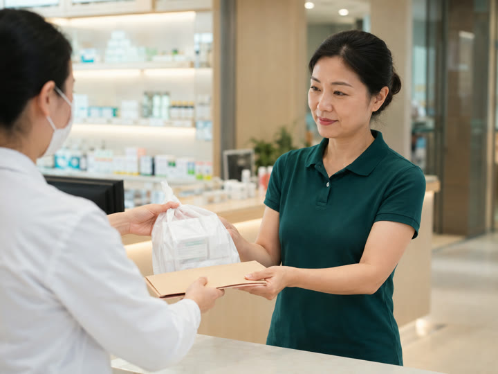 服务人员在医院窗口按委托领取药品或报告