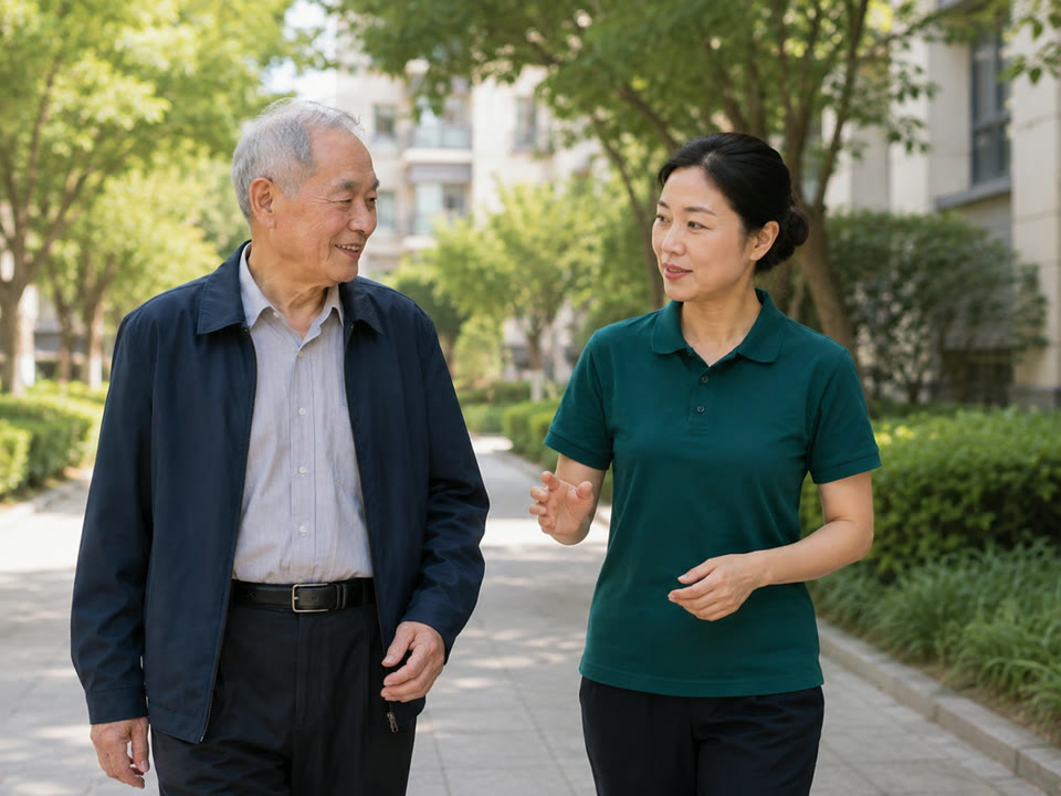 服务人员在安全步行区域陪伴长者散步